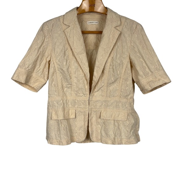 Coldwater Creek Jackets & Blazers - Coldwater‎ Creek Ivory Eyelet Embroidered Cotton Blazer Jacket Hook Front Sz M